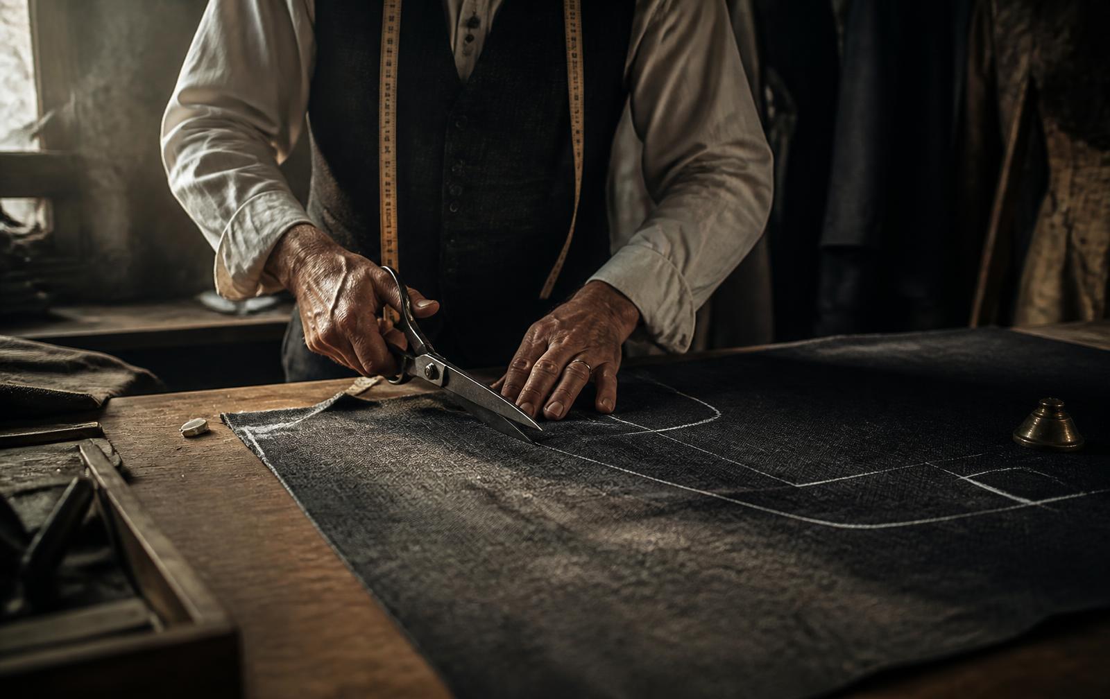 Tailor cutting charcoal wool by hand in the atelier
